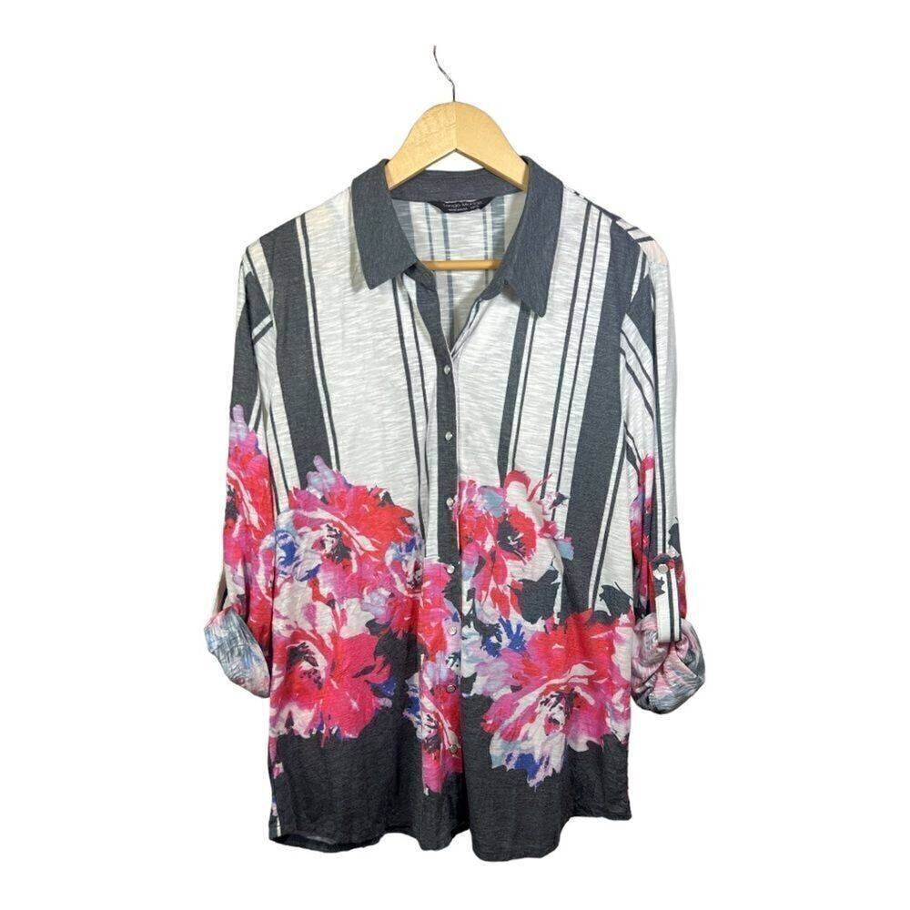 TANGO MANGO Women’s Snap Down Resort Wear Floral Blouse Pink/Gray Extra Large